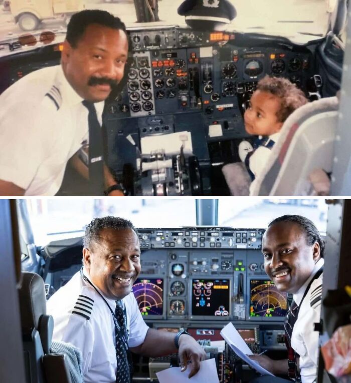 Dvojica pilotov v kokpite: dieťa a starší muž, o desaťročia neskôr obaja ako piloti v modernej kabíne lietadla.