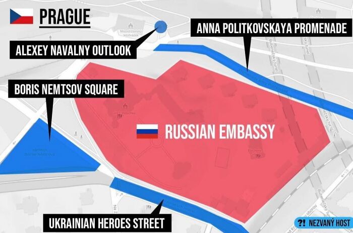 Mapa ulice pri ruskej ambasáde v Prahe, pomenovanej podľa ukrajinských a ruských aktivistov a novinárov.