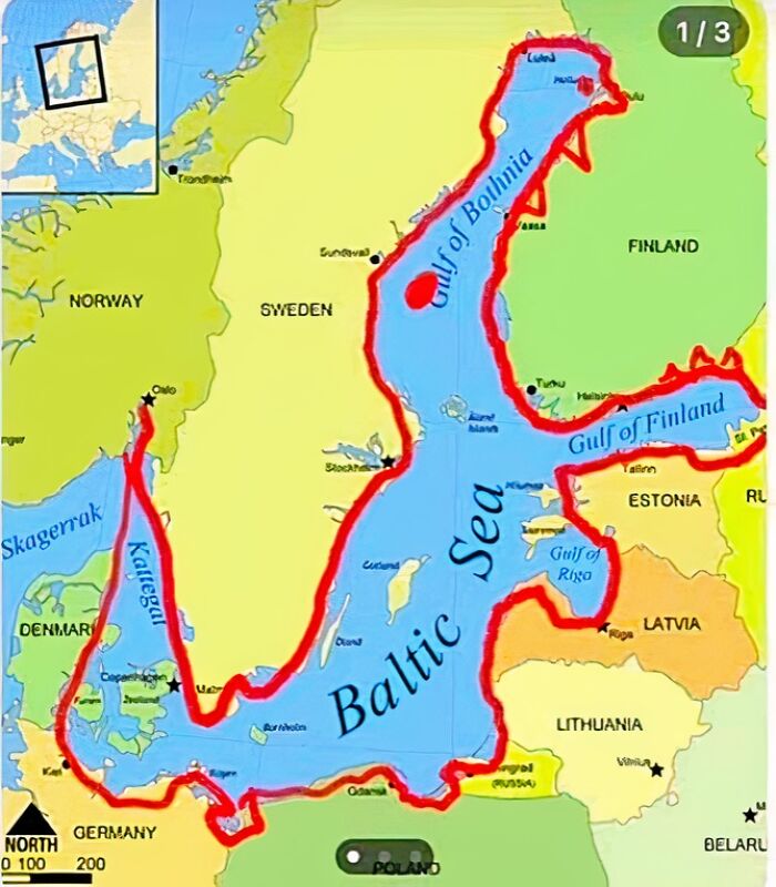 Mapa Baltského mora s označením zálivov a priľahlých európskych krajín, vrátane Nórska, Švédska a Fínska.