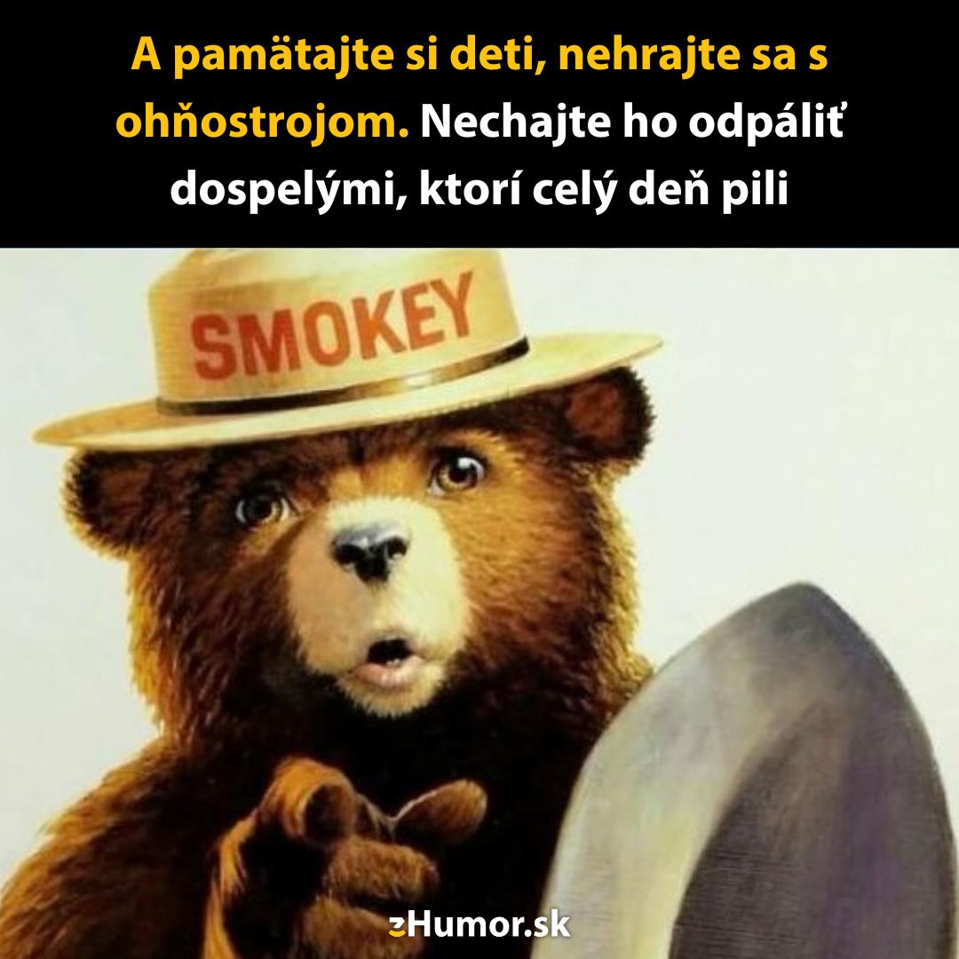 Medveď s klobúkom varuje deti pred nebezpečným používaním ohňostrojov, vtipná bezpečnostná správa od Smokeyho.
