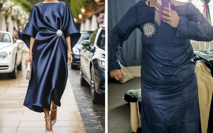 Elegantné modré šaty s ozdobou v kontraste s nezhodujúcim sa reálnym vzhľadom po nákupe online.