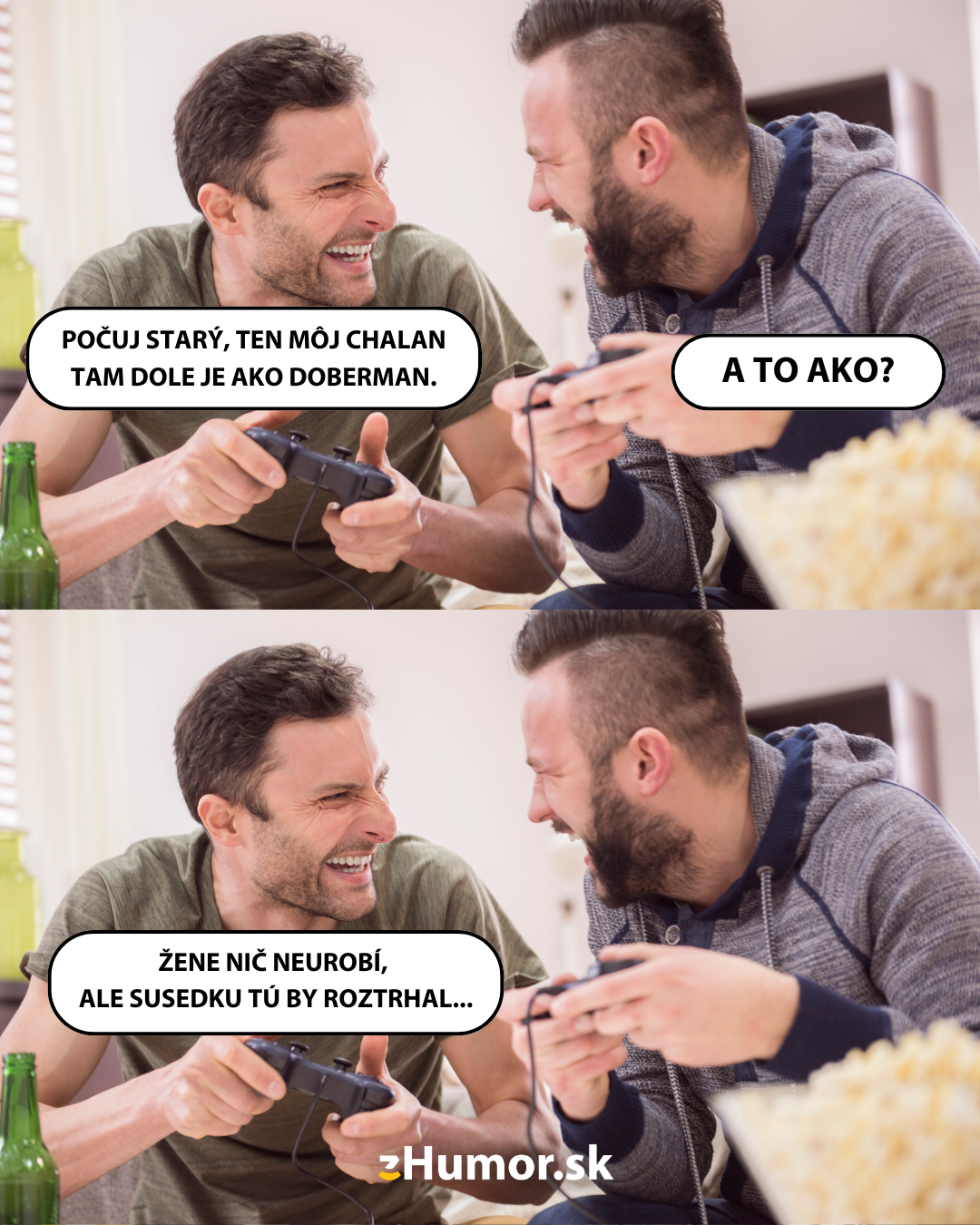 Dvaja muži sa smejú pri hraní videohier s dialógom o dobermanovi.