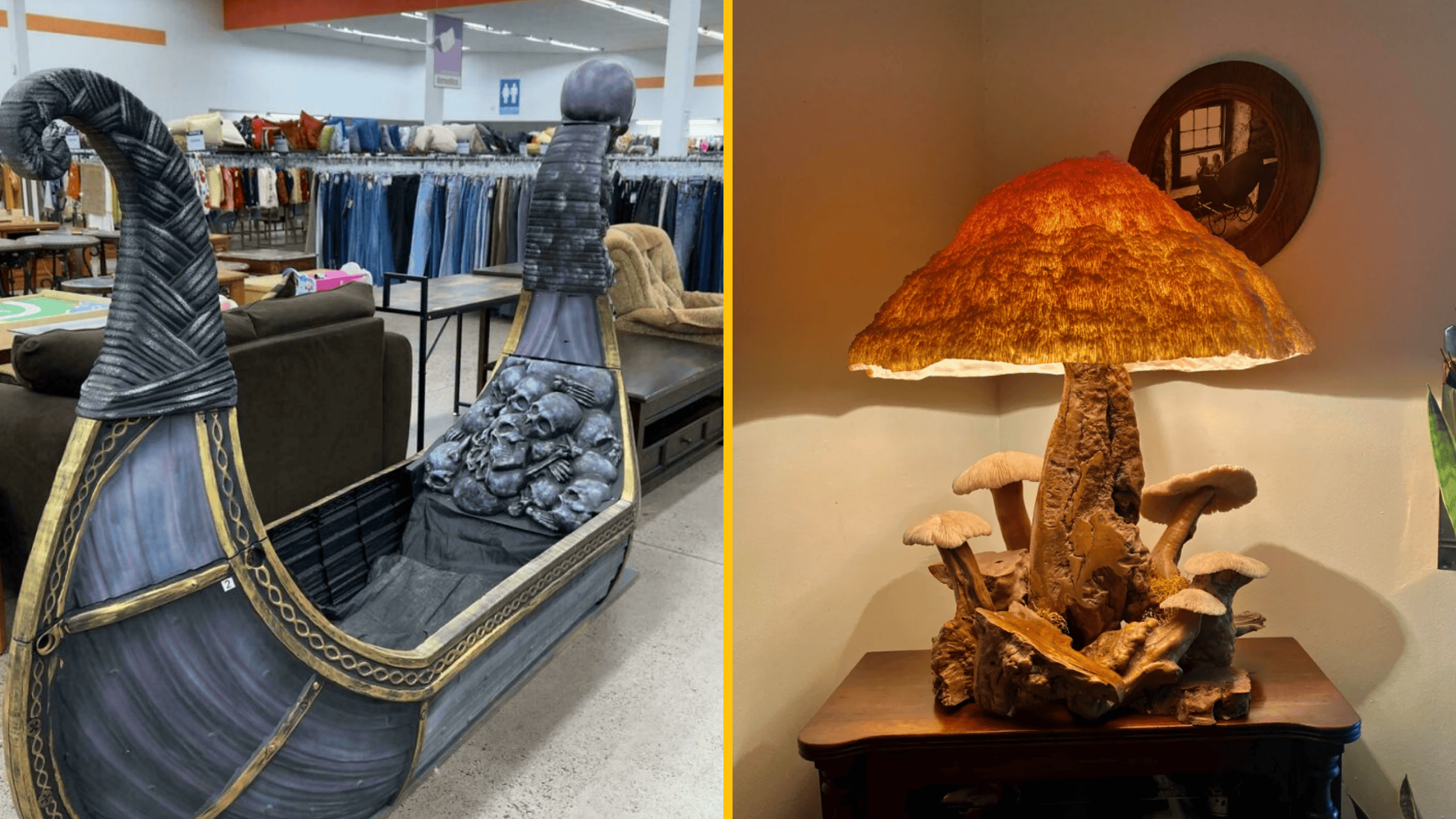 Loď v obchode a lampa s hubami na stole, zaujímavé interiérové dekorácie.