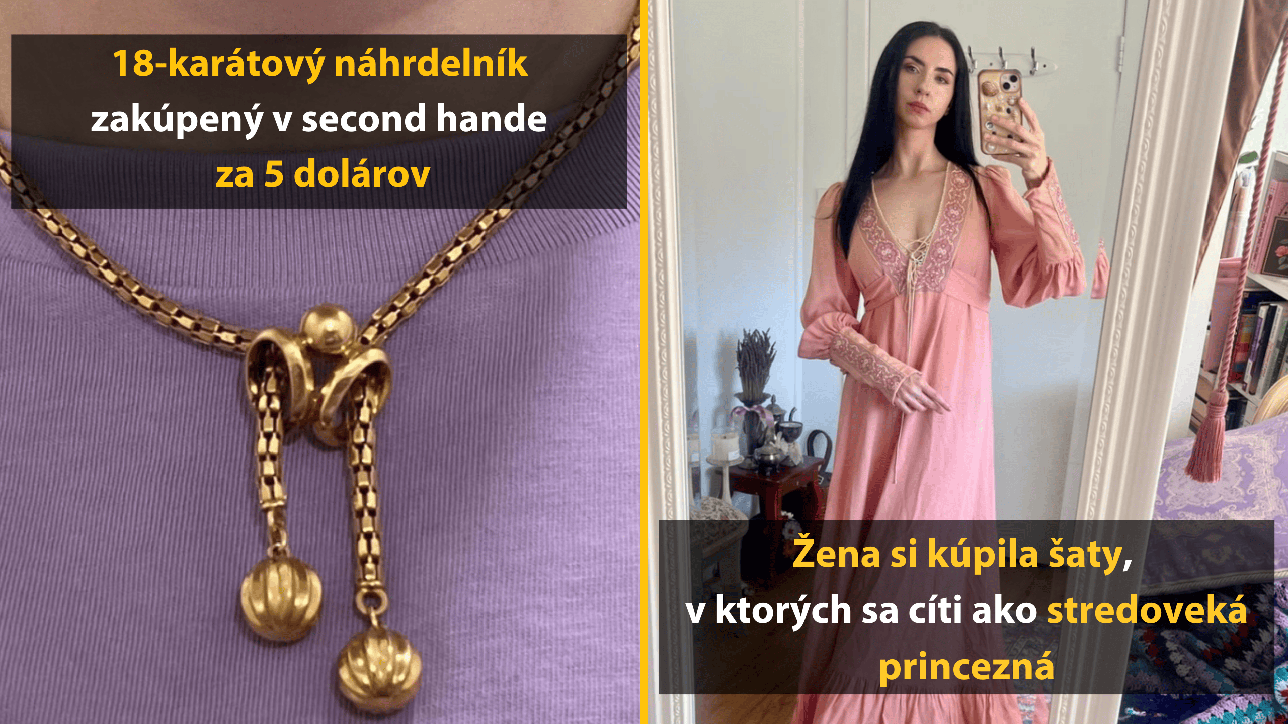 Žena v ružových stredovekých šatách a detail 18-karátového náhrdelníka kúpeného lacno v second hande.