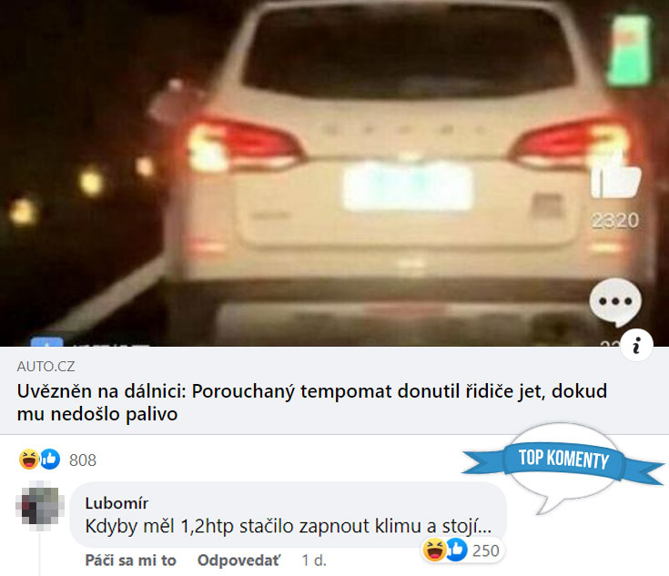 Auto na diaľnici s poruchou tempomatu, ktoré zastavilo až po vyčerpaní paliva, komentár hovorí o komickom riešení.