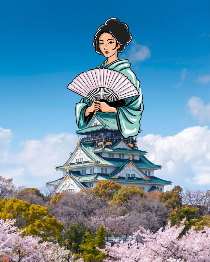 Ilustrácia ženy s vejárikom nad japonským hradom medzi kvitnúcimi sakurami pod modrou oblohou.