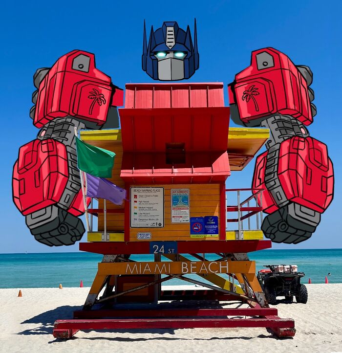 Animovaný robot strážca na pláži Miami s farebnou plavčíckou vežou a modrou oblohou v pozadí.