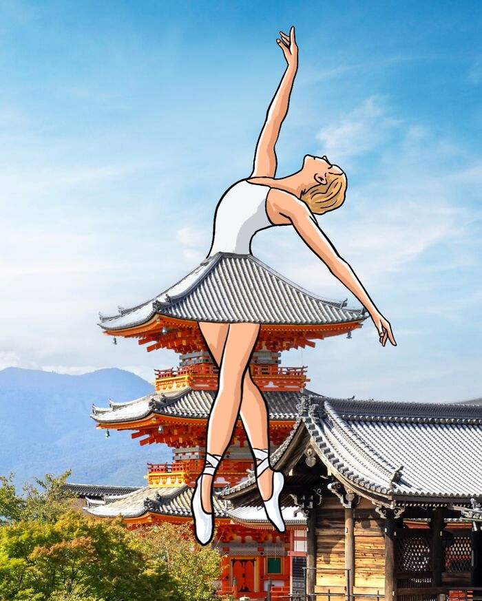 Balerína s japonskou strechou ako sukňou pred chrámom, kreatívna ilustrácia v harmónii kultúr.