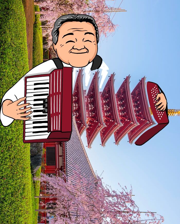 Karikatúra muža s akordeónom pred pagodou a kvitnúcimi sakurami na jar v Japonsku.