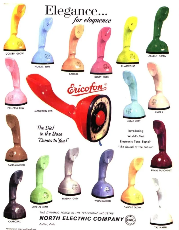 Retro telefóny Ericofon v rôznych farbách, elegantný dizajn a jedinečný tón zvonenia.