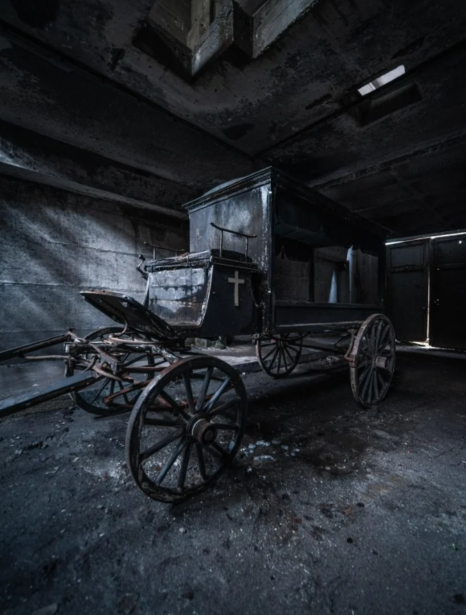 Starý pohrebný koč v opustenej garáži, obklopený temnými a opustenými priestormi pre nostalgickú atmosféru.