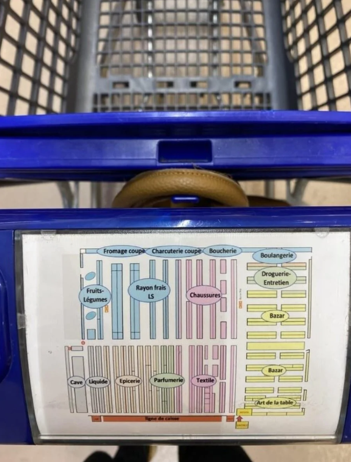 Mapa supermarketu na nákupnom vozíku ukazuje rozloženie oddelení: syry, mäso, pečivo, ovocie, zeleninu, a iné.