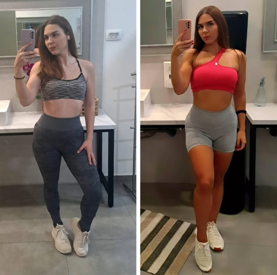 Žena pred a po premene postavy, zachytená vo fitness oblečení v posilňovni.