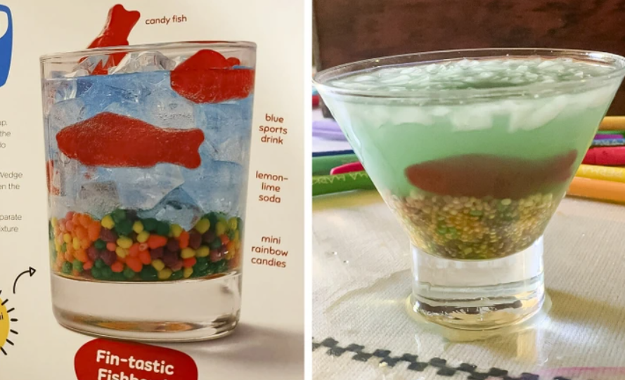 Farebné koktaily s cukríkovými rybičkami a dúhovými cukríkmi na ľade. Kreatívny nápoj s limetovou sódou.