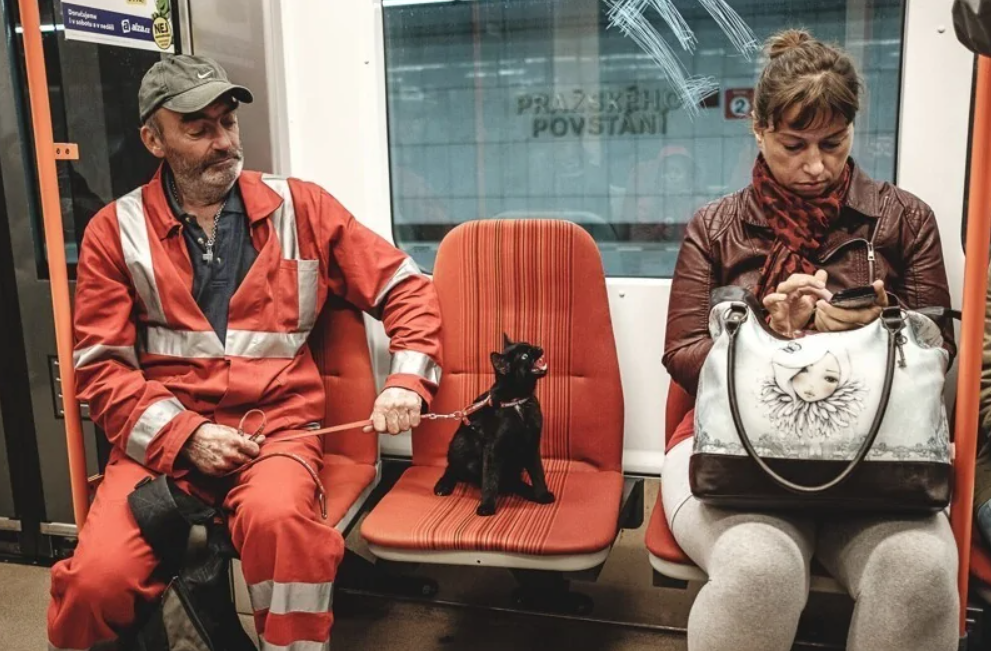Muž v oranžovom overale so psom vedľa ženy používajúcej mobil vo vlaku, nápis PRAŽSKÉHO POVSTÁNÍ v pozadí.