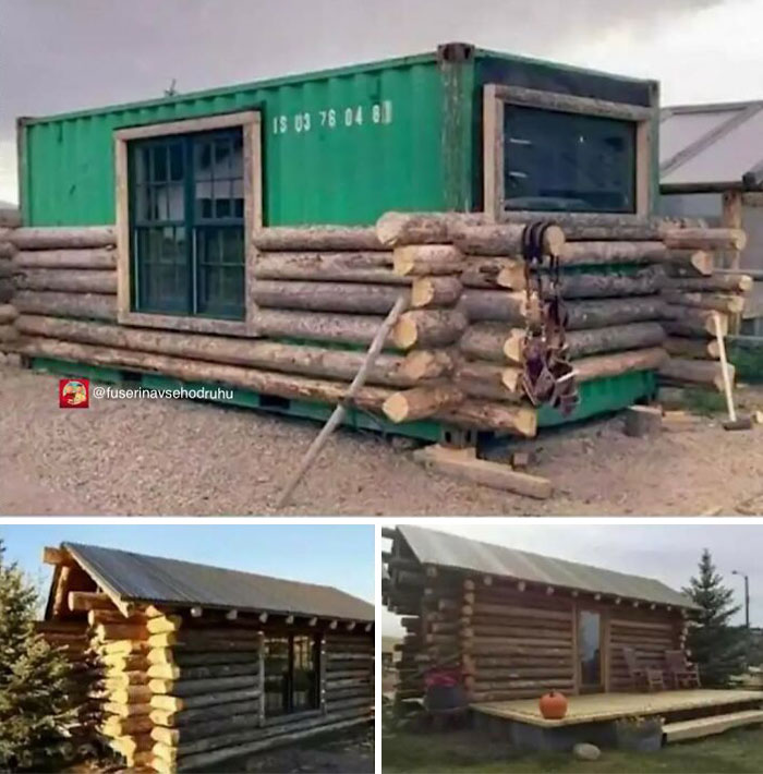 Drevená chata postavená okolo zeleného kontajnera, kombinujúca tradičný a moderný dizajn.