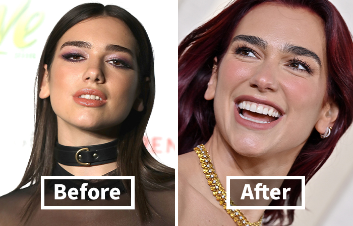 Osoba pred a po zmene účesu a líčenia: pred tmavé vlasy, po svetlejšie, rúžový makeup.