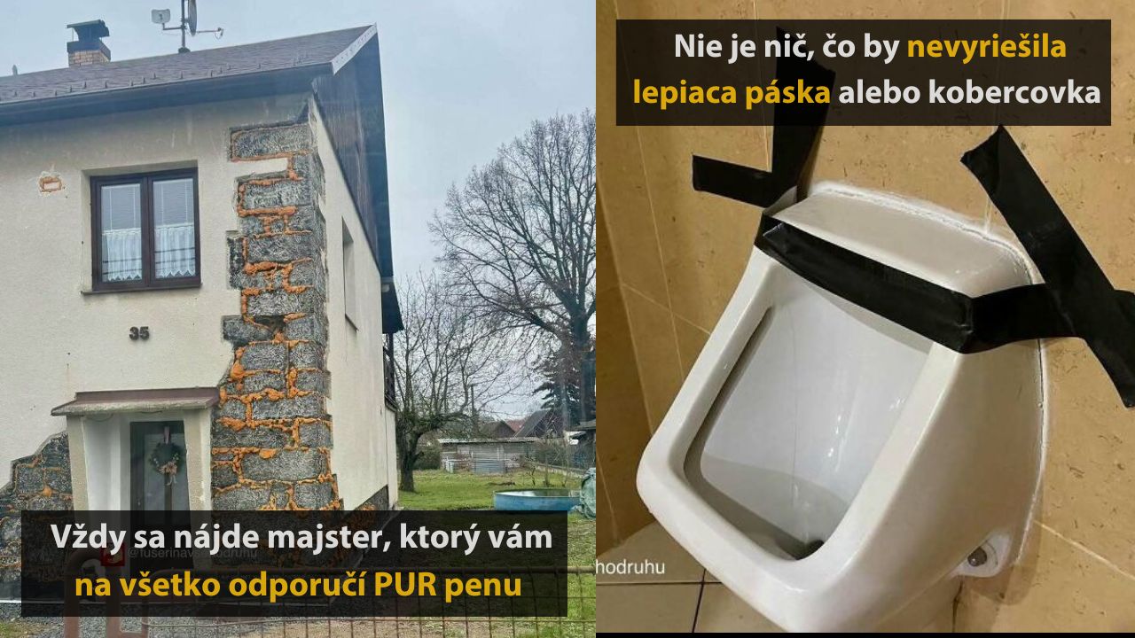 Dom s viditeľnou PUR penou a pisoár s lepiacou páskou na opravu, kreatívne riešenia opráv.