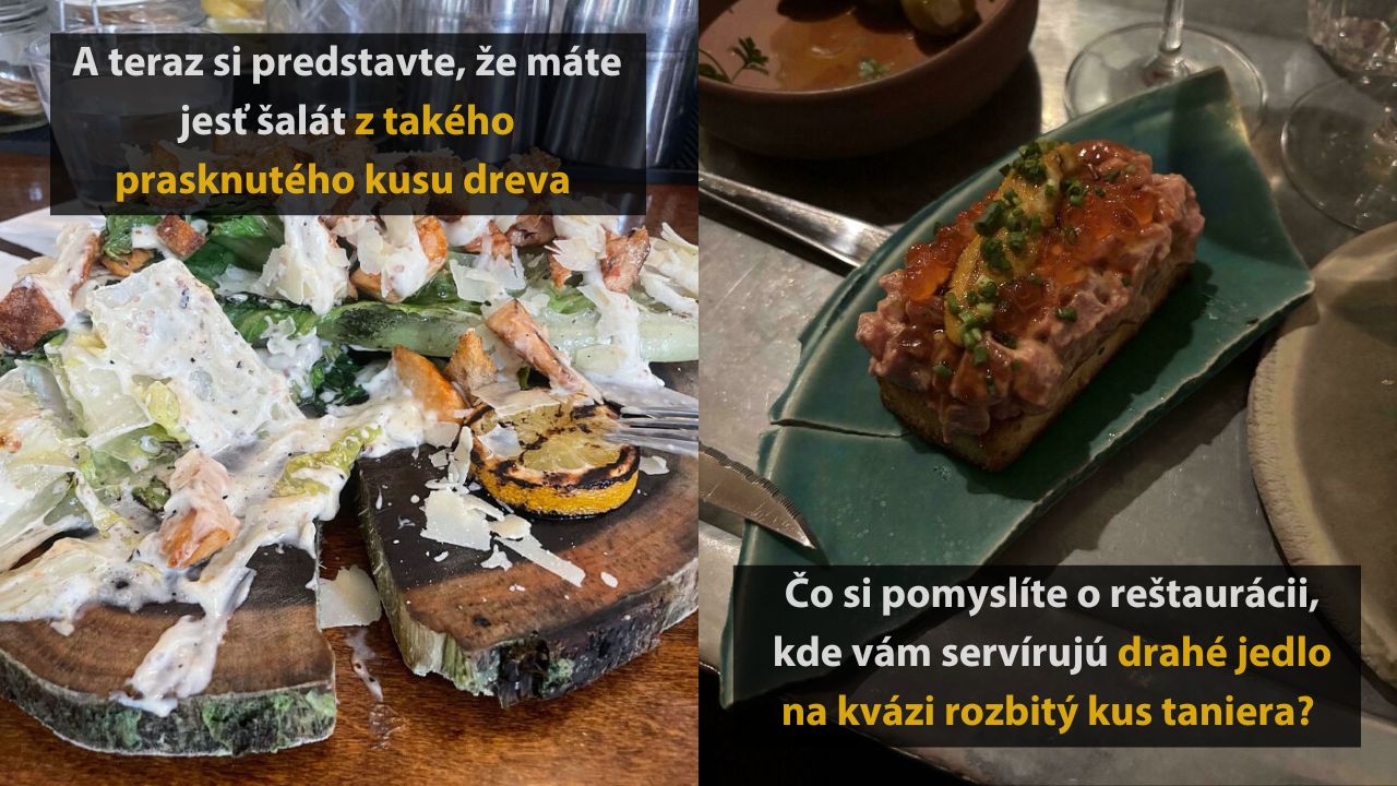 Dva pokrmy na netradičnom servírovacom riade – šalát na dreve a predjedlo na popraskanom tanieri.