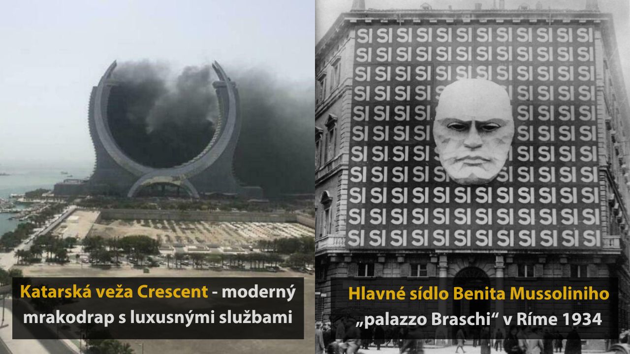 Moderný mrakodrap v Katare a historická budova v Ríme, zdôrazňujúca architektúru a politickú históriu.