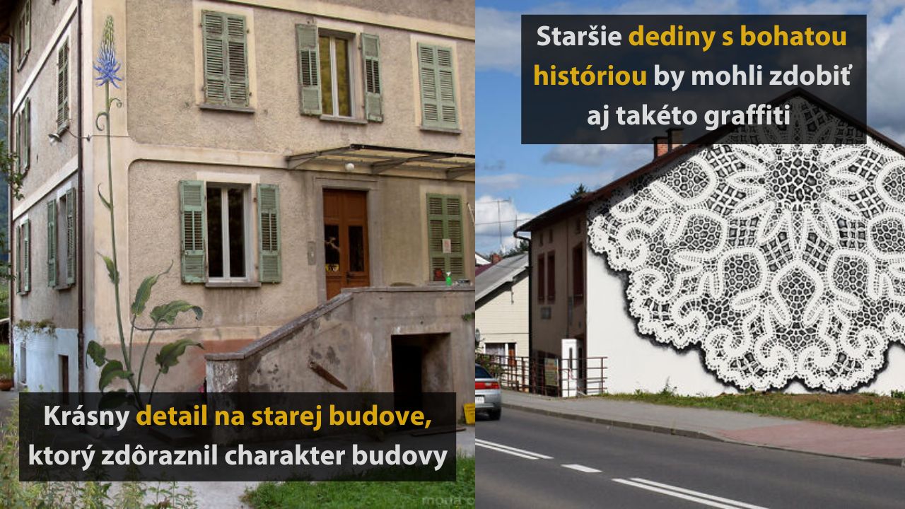 Staré budovy s dekoratívnym umením a graffiti, ktoré oživujú ich historický charakter a prispievajú k estetike ulice.