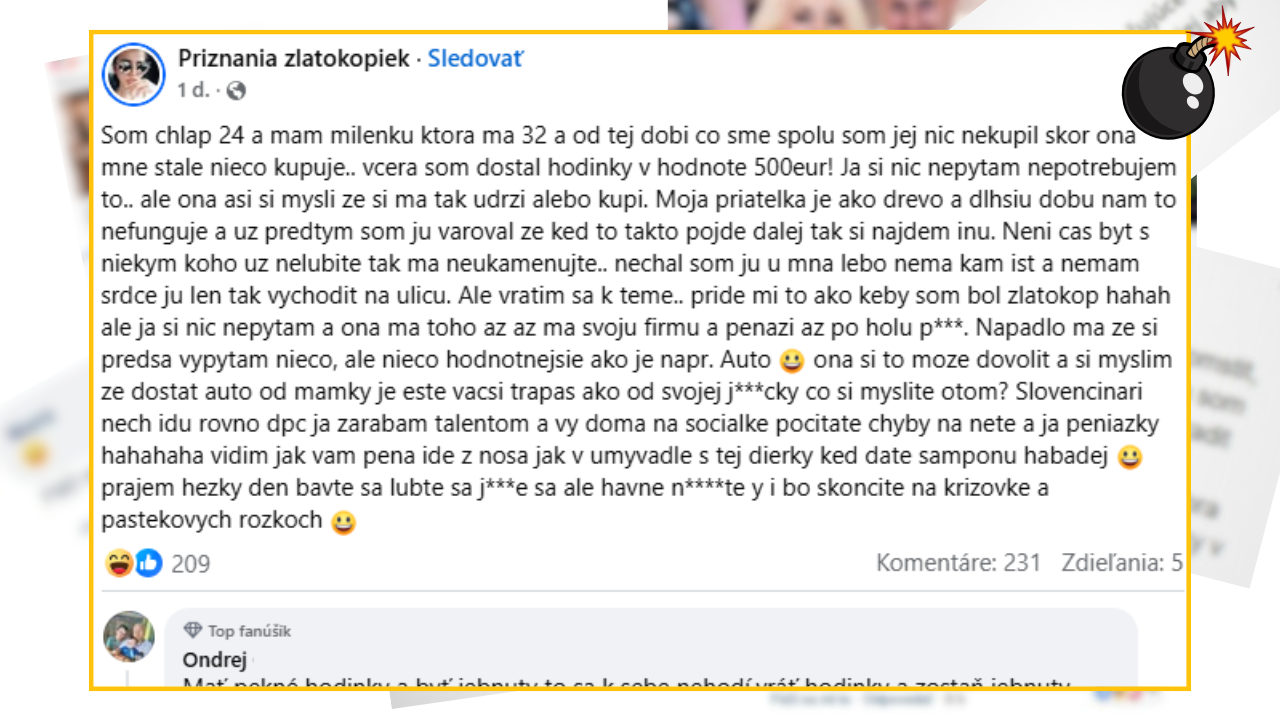 Textový príspevok o vzťahu mladého muža so staršou partnerkou a daroch, ktoré od nej dostáva.