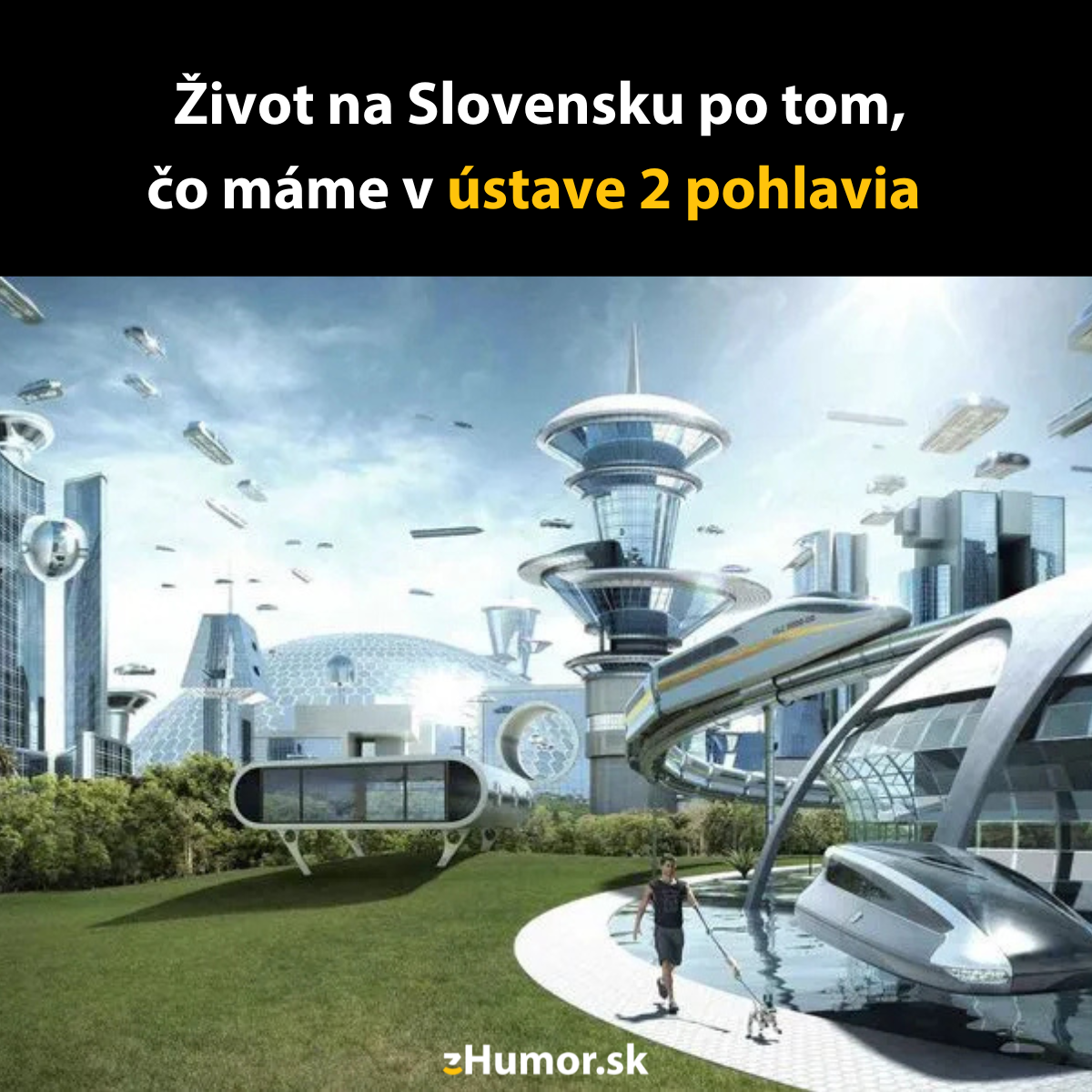 Futuristická vízia Slovenska s modernými budovami a vznášadlami na oblohe, inšpirovaná humorom o ústavných zmenách.