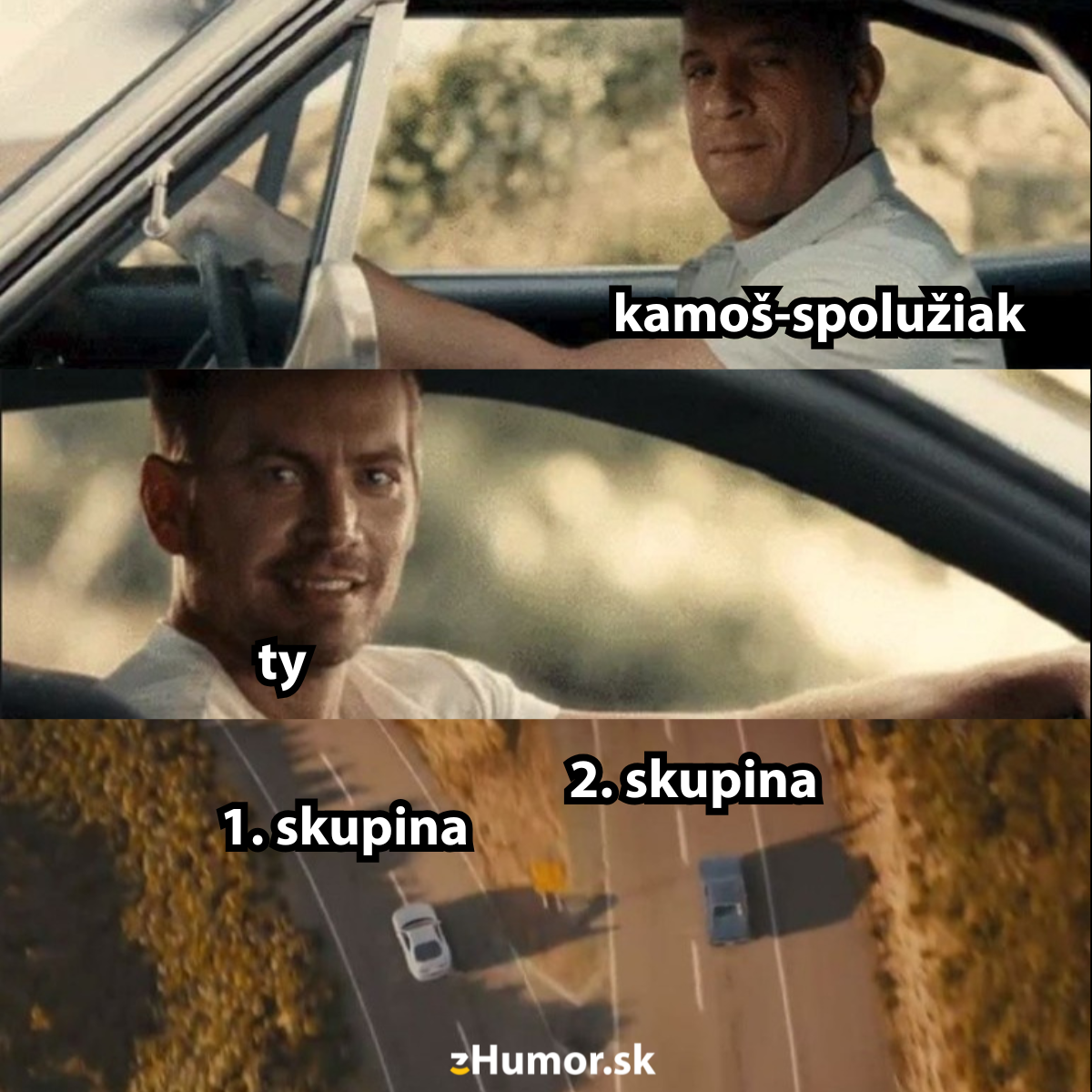 Meme s autami odbočujúcimi rôznymi smermi, znázorňujúcimi odlúčenie od kamaráta-spolužiaka k dvom skupinám.