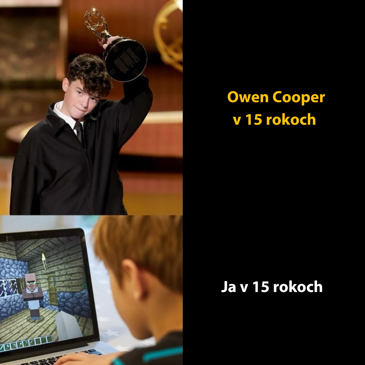 Mladý chlapec drží trofej, zatiaľ čo druhý hrá videohru na počítači, text porovnáva ich úspechy vo veku 15 rokov.