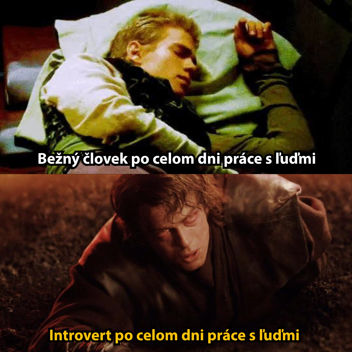 Bežný človek vs. introvert po dni s ľuďmi: Porovnanie únavy na dvoch obrázkoch, jeden v posteli, druhý na zemi.