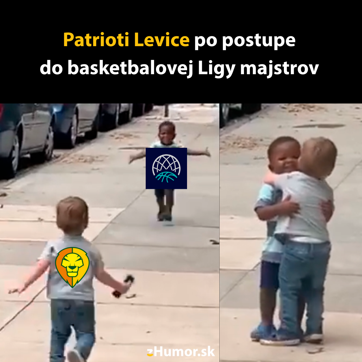 Dve deti sa objímajú na chodníku, symbolizujú radosť z postupu Patriotov Levice do Ligy majstrov.