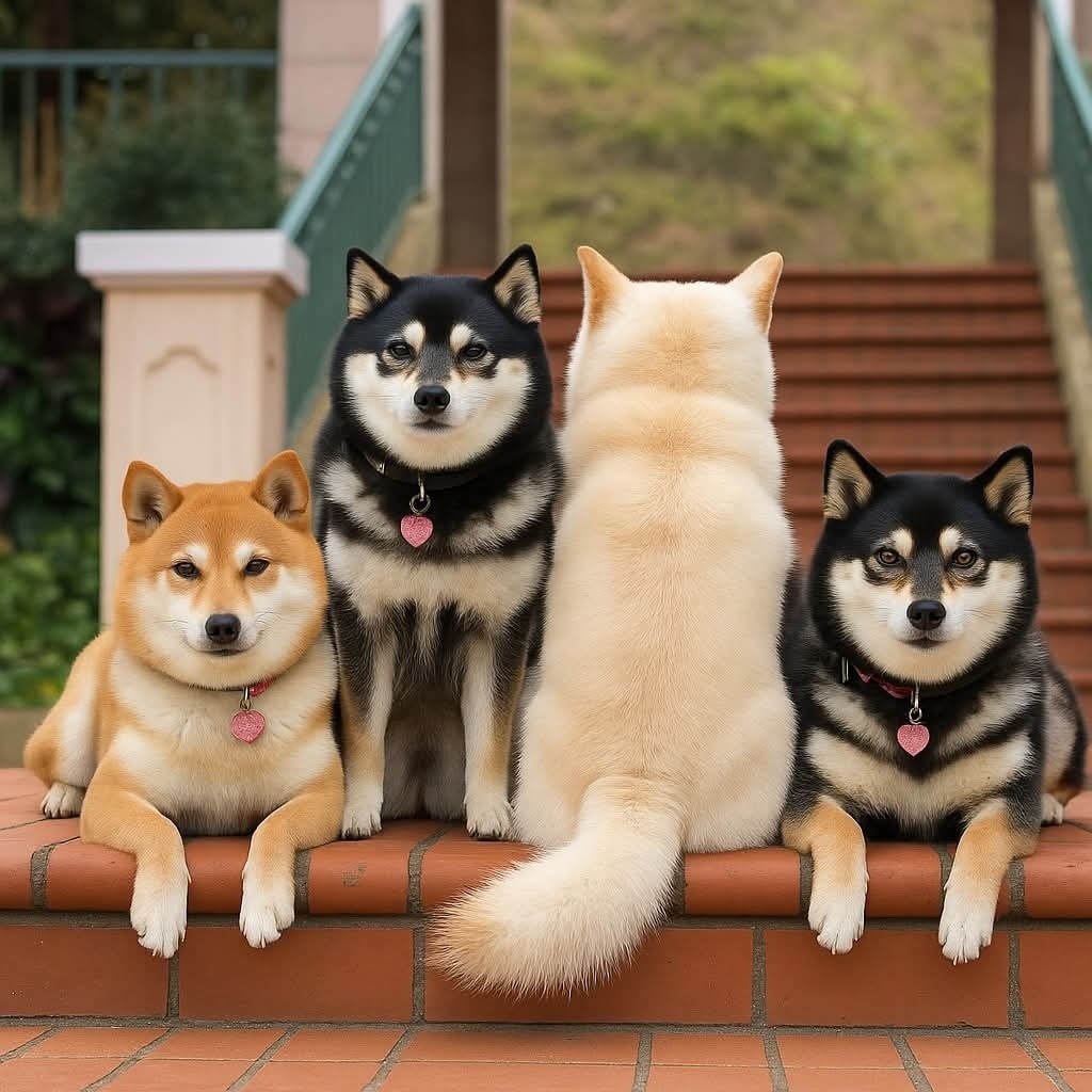 Štyri psi plemena Shiba Inu sedia na tehlových schodoch, tri pozerajú dopredu a jeden je otočený chrbtom.