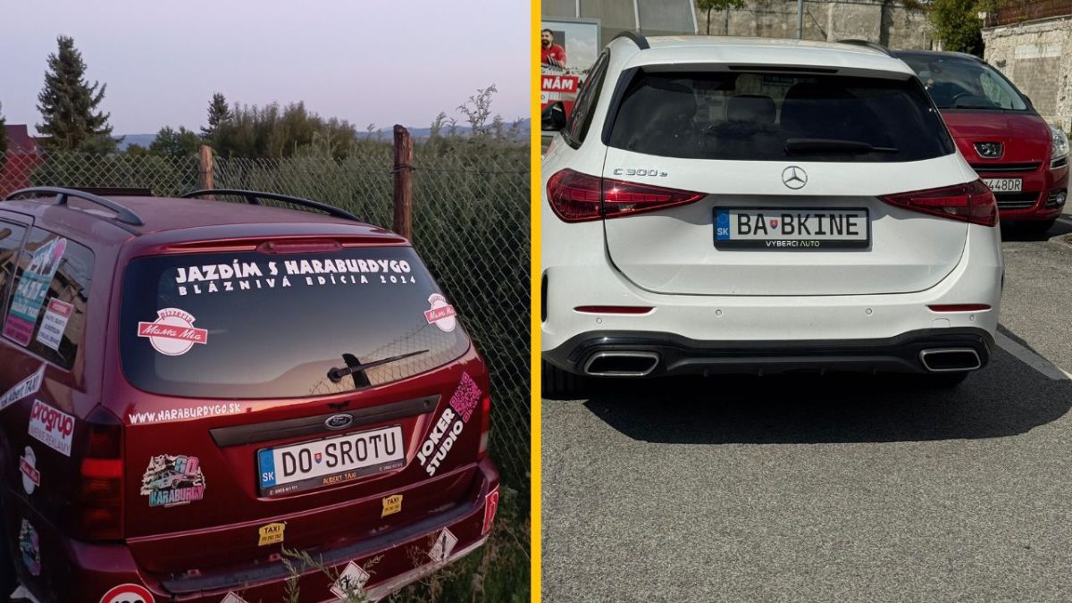 Dve autá zaparkované vedľa seba, jedno s nápisom „Jazdím s Haraburdygo,“ druhé s poznávacou značkou BA-BKINE.