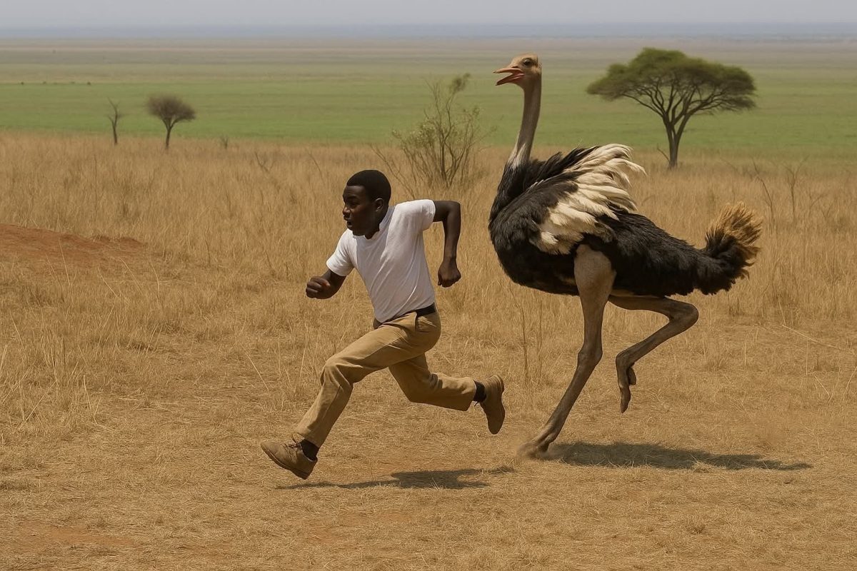 Muž uteká pred pštrosom na africkej savane, napiatu atmosféru dopĺňa suchá krajina a stromy v diaľke.