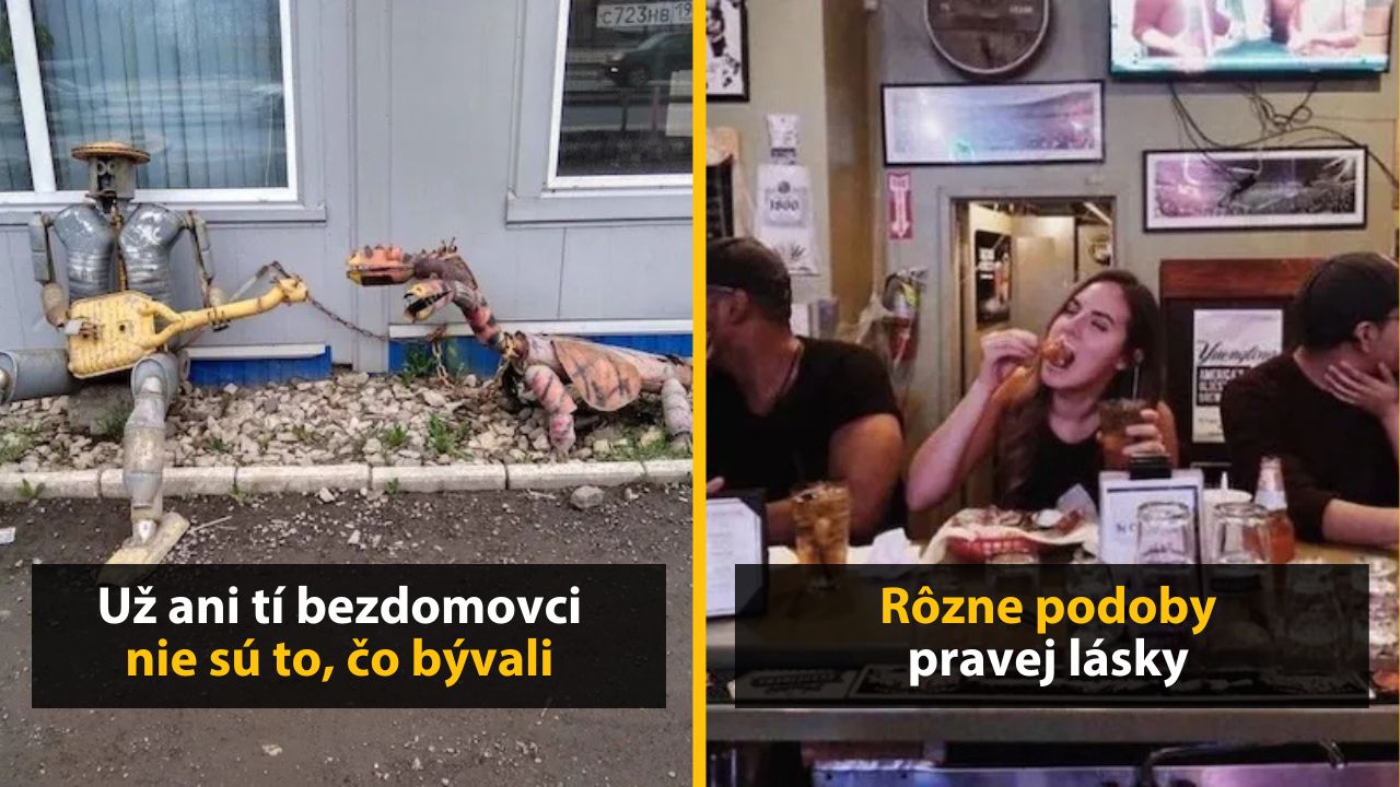 Dva žarty na obrázku; postavy z kovového odpadu a žena v reštaurácii s jedlom. Jedinečné pohľady na humor a lásku.