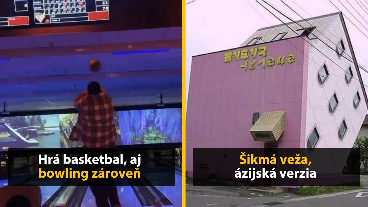 Muž hrá bowling ako basketbalista; vedľa šikmá budova pripomínajúca vežu.