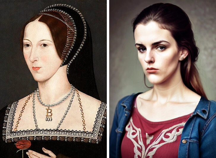 Portrét historickej postavy vedľa modernej ženy v bežnom oblečení, znázorňujúci kontrast módy a doby.