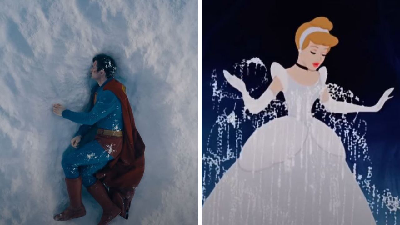 Superhrdina leží v snehu, zatiaľ čo princezná tancuje v kúzelných šatách. Kombinácia superhrdinu a rozprávky.