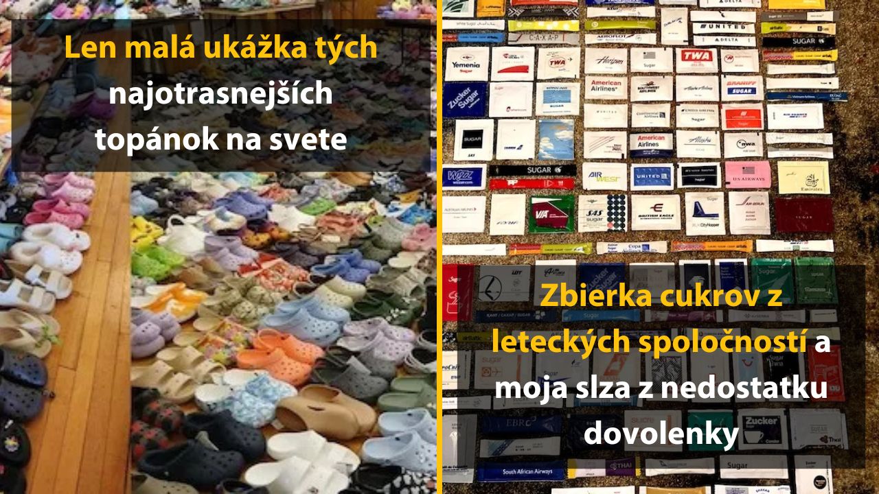 Rôznofarebné pohodlné topánky a zbierka cukrov zo svetových leteckých spoločností na podlahe.