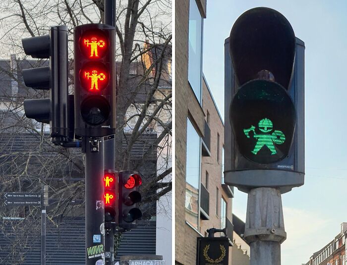 Svetelná signalizácia s vikingovými motívmi: červený viking zastáva, zelený viking naznačuje voľný prechod.