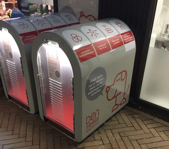 Bezpečná búda pre psov s automatickou ventiláciou a UV dezinfekciou pred obchodom.