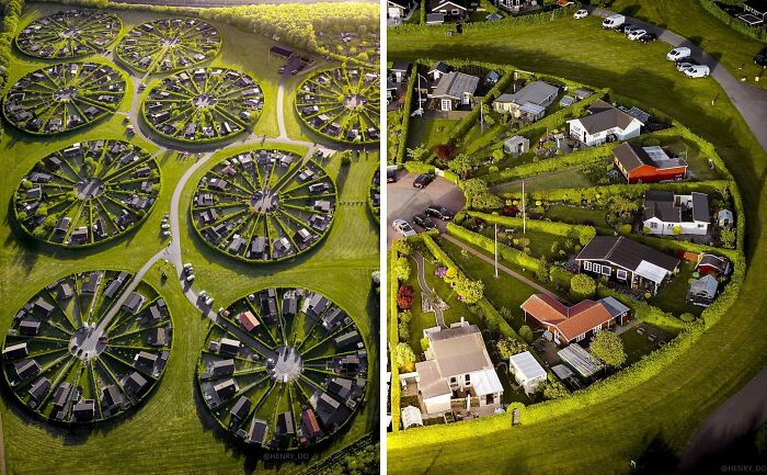 Okrúhle záhrady a domy usporiadané do kruhov z leteckého pohľadu. Unikátna architektúra prírody a urbanizmu.