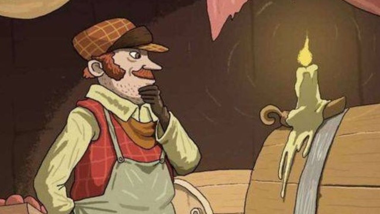 Muž v klobúku premýšľa nad sviečkou na sude v miestnosti s tlmeným osvetlením.