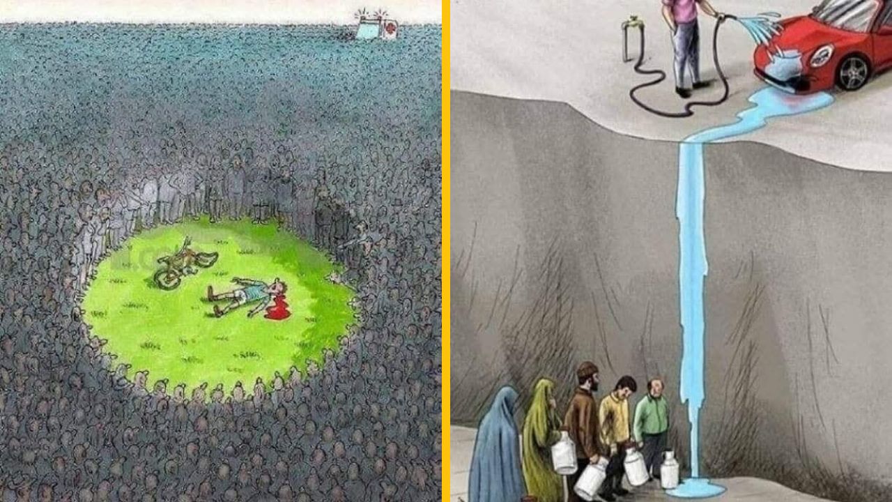 Karikatúra kritizujúca spoločenskú ľahostajnosť a nerovnomerné rozdelenie zdrojov.