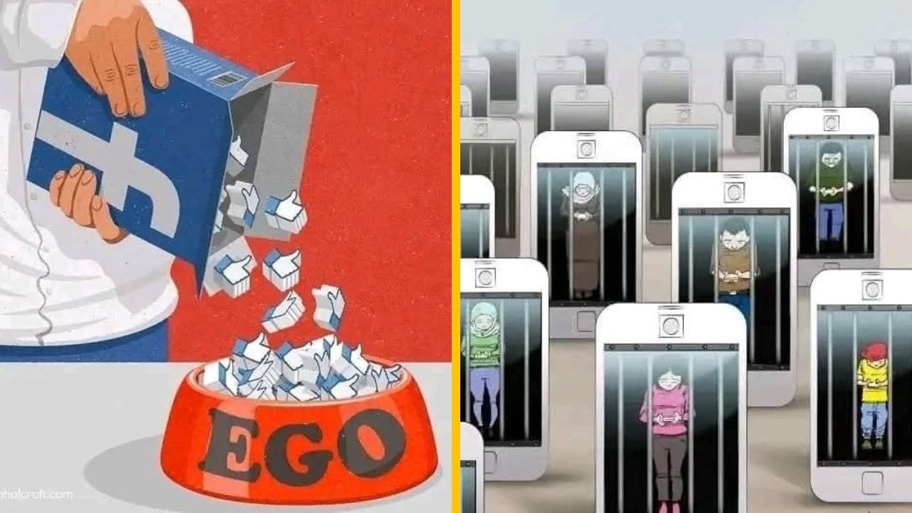 Ilustrácia kritizujúca závislosť na sociálnych médiách a ich vplyv na ego a osobnú slobodu.