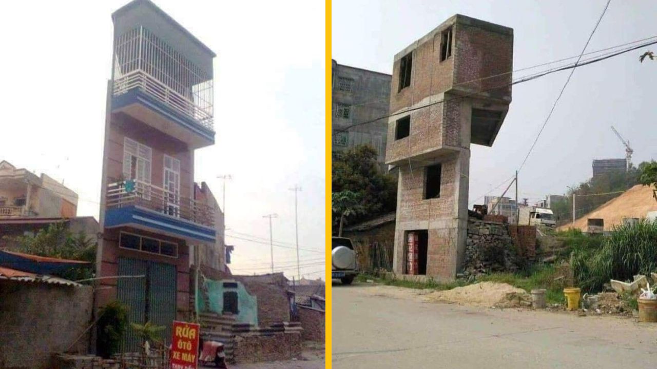Štíhle a úzke budovy v mestskej oblasti, zaujímavý architektonický dizajn s neobvyklými proporciami.