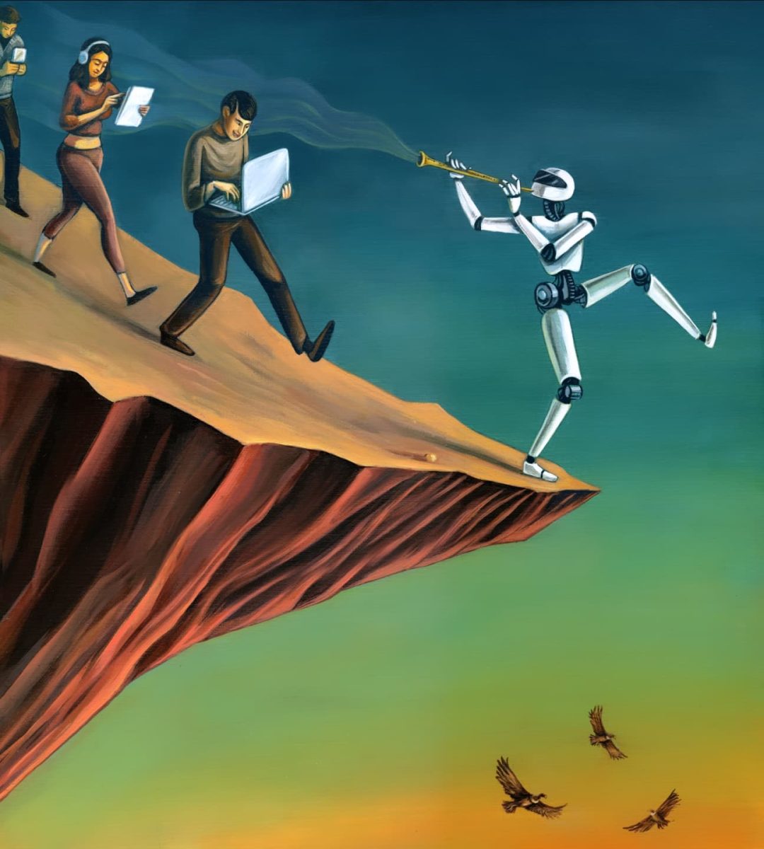 Robot hrá na trúbku, zatiaľ čo ľudia s tech zariadeniami kráčajú za ním k okraju útesu.