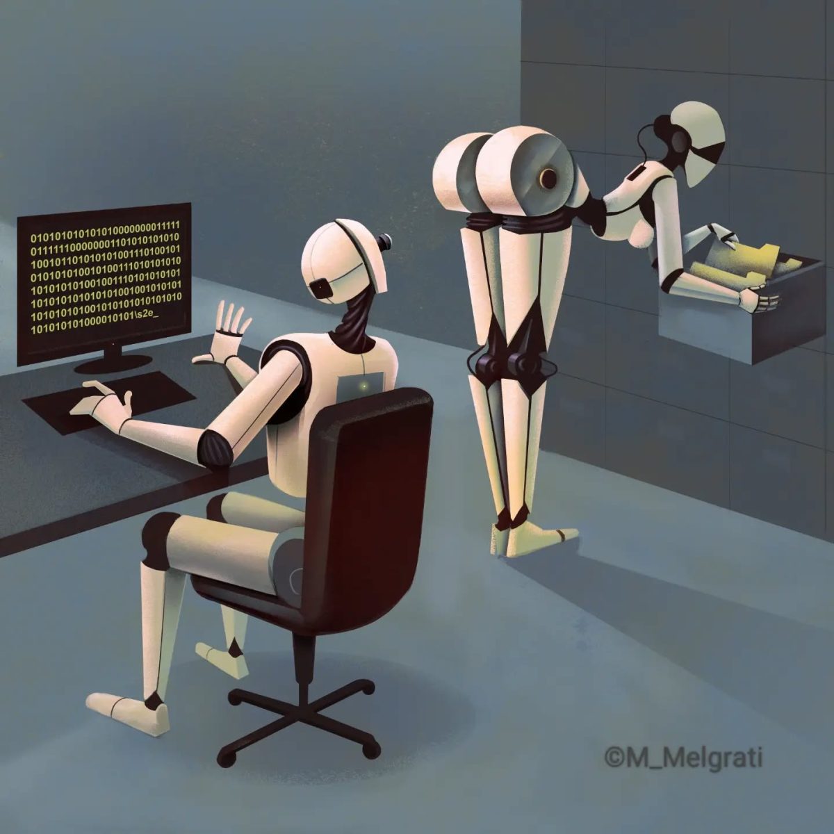 Roboti pri počítači kódujú a archívujú dáta. Jeden robot sedí, druhý triedi dokumenty.