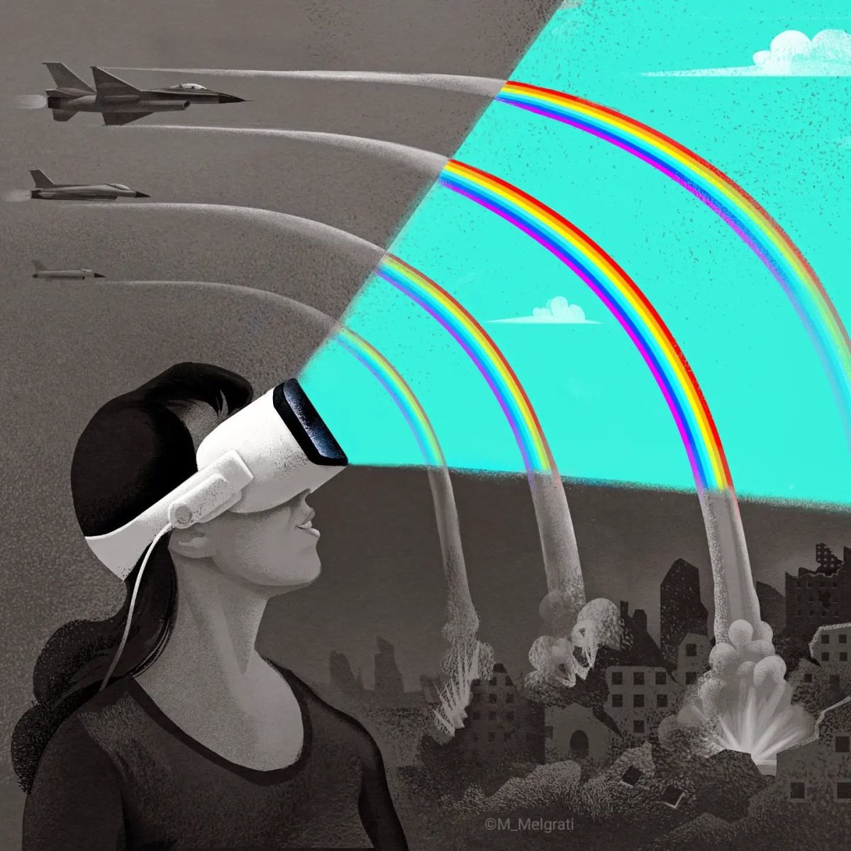 Osoba s VR okuliarmi vidí duhy namiesto vojenských lietadiel nad zničeným mestom, kontrastujúci svet reality a virtuálnej ilúzie.