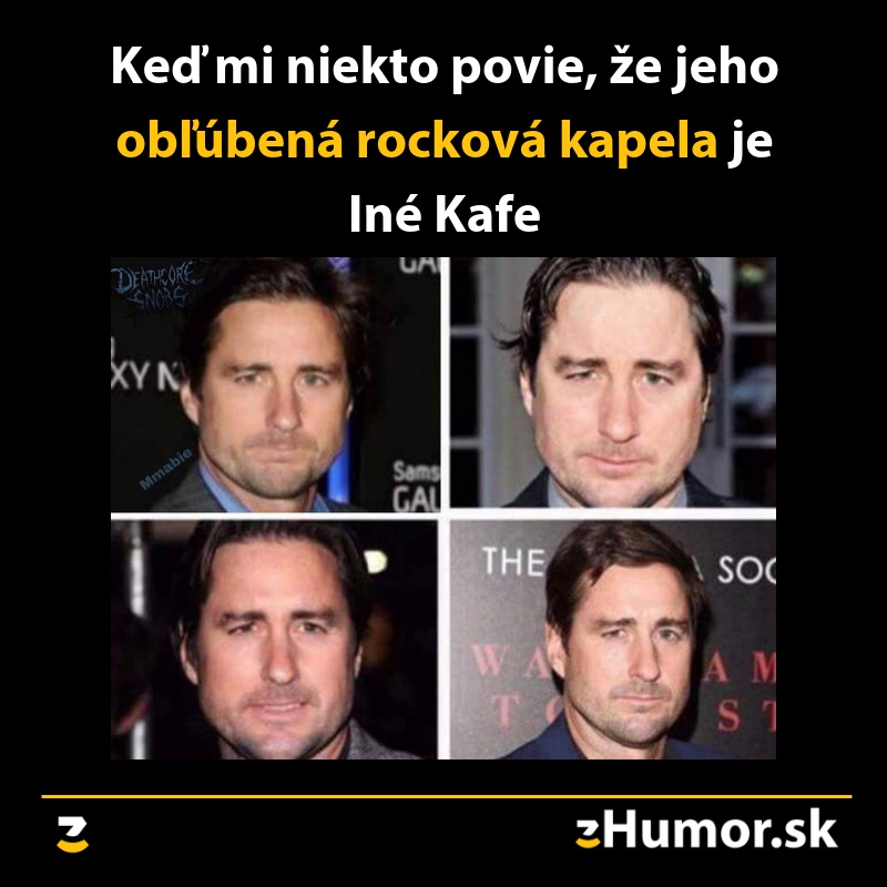Muž s neutrálnym výrazom tváre na štyroch rôznych fotografiách, reakcia na zmienku o kapele Iné Kafe.
